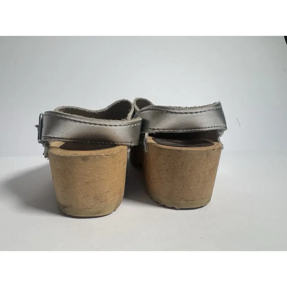 Vollsjo Sweden Silver Leather Wooden Slingback Clogs Girls EU 31 US 13